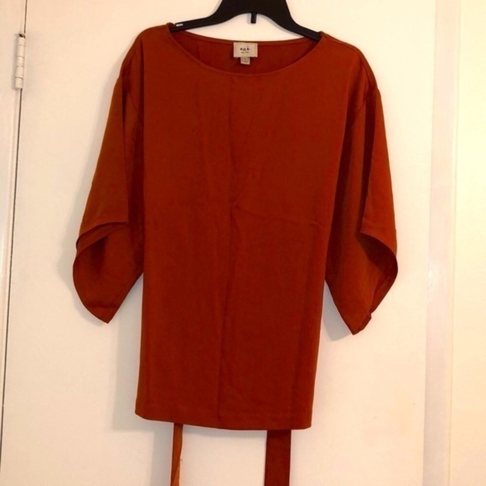 Eci Burnt Orange Tie Waist 3/4 sleeve long silky blouse size large - Picture 7 of 9